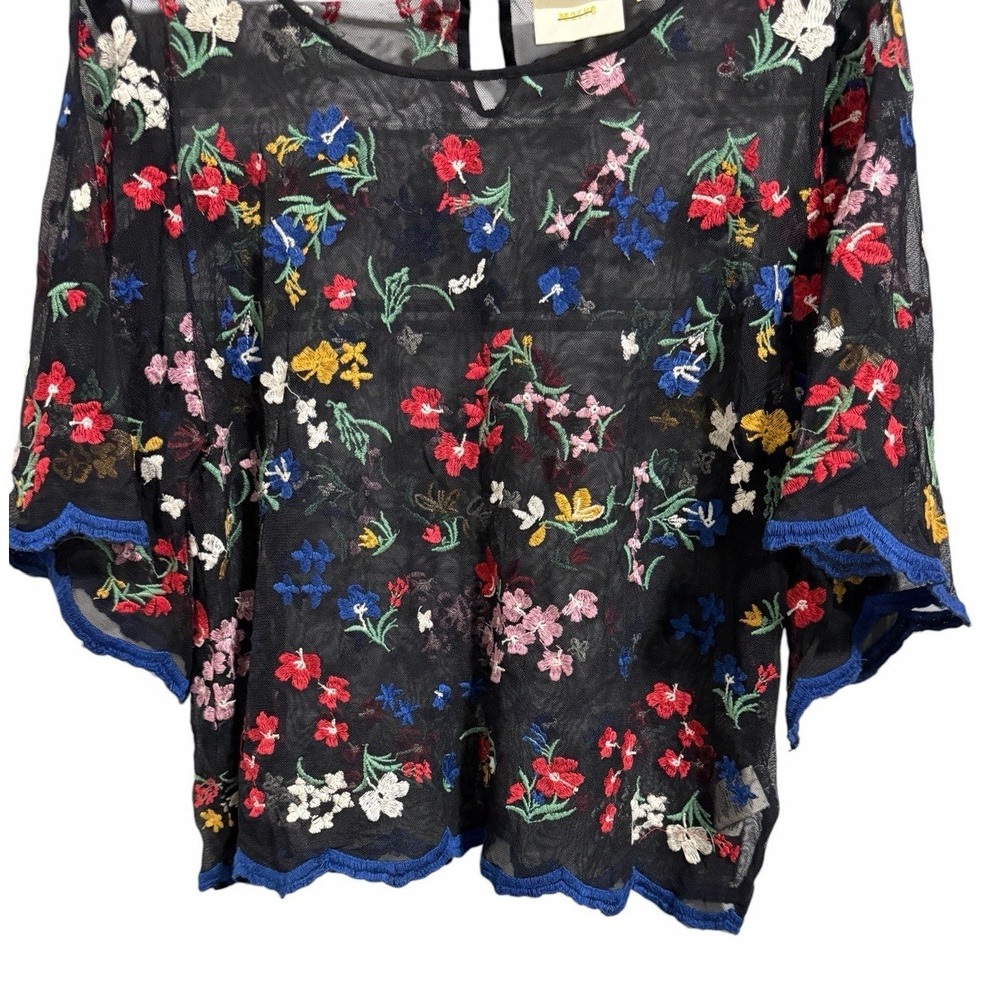 Anthropologie Maeve Meadows Black Sheer Colorful Embroidered Flowers Top Size M - Picture 5 of 11
